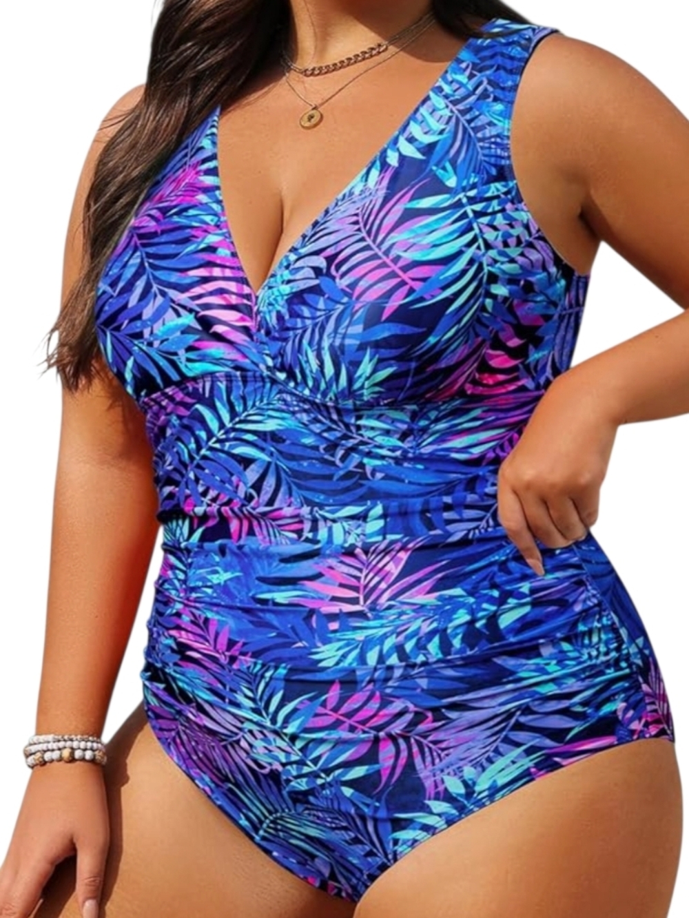 AQUA EVE - 20W Women's Plus Tropical Ruched One-Piece Swimsuit - Blue/Purple - Picture 5 of 8